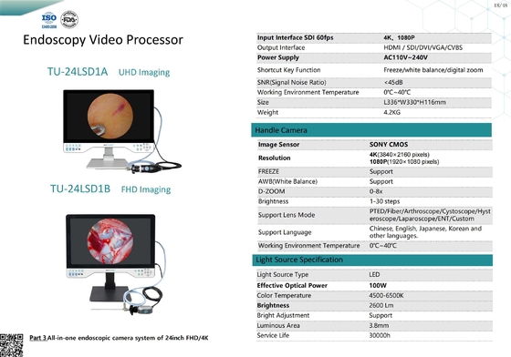 TU-24LSD1A 4K 24 polegadas 4K Endoscopia Médica Câmera com 8h Bateria IPX8